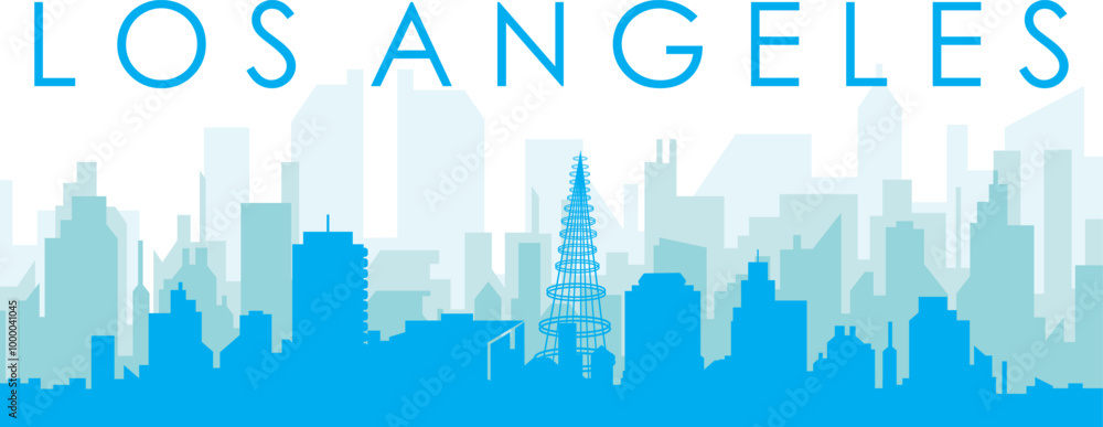 Fototapeta premium Blue panoramic city skyline poster with bluish misty transparent background buildings of LOS ANGELES, UNITED STATES