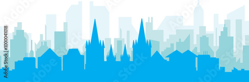 Blue panoramic city skyline poster with bluish misty transparent background buildings of MAASTRICHT, NETHERLANDS