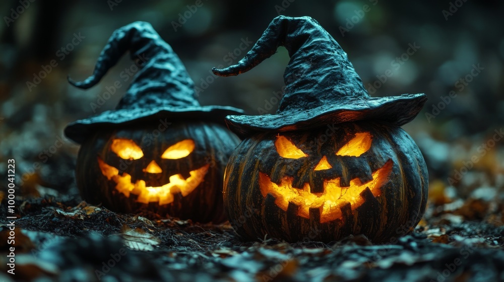 Naklejka premium Glowing Jack-o'-Lanterns with Witch Hats in a Spooky Halloween Forest
