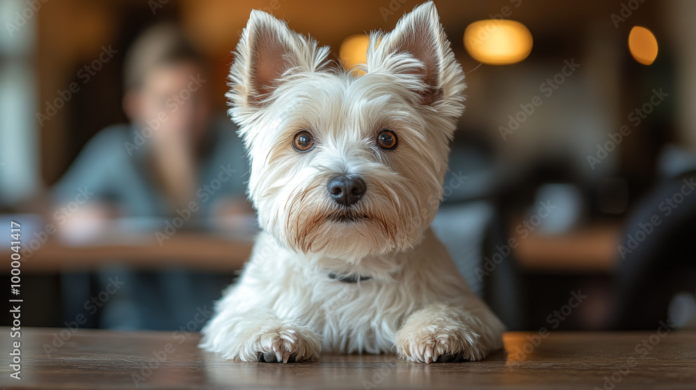 A white West Highland Terrier looks at the camera with big brown eyes. A white West Highland Terrier looks at the camera with big brown eyes.