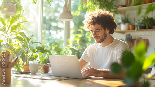 Young adult participating in teletherapy while sitting at home
