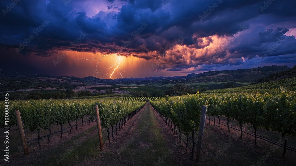 Obraz premium A thunderstorm over a scenic vineyard, with lightning bolts illuminating the rows of grapevines and the surrounding hills. The dark storm clouds and bright flashes of light create a dramatic contrast