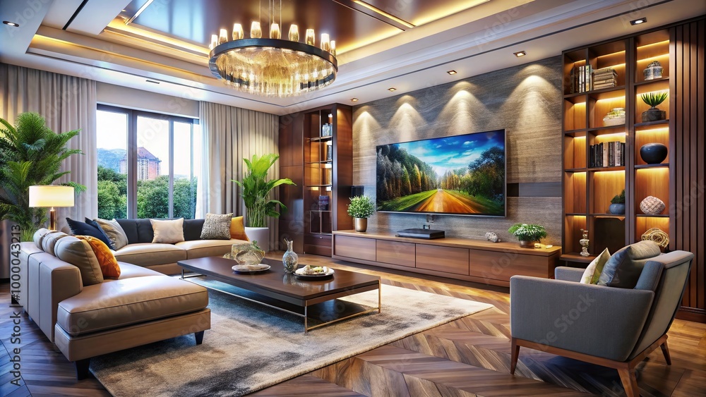 Elegant modern living room with a luxurious TV setup and stylish furniture for upscale interiors Elegant modern living room with a luxurious TV setup and stylish furniture for upscale interiors