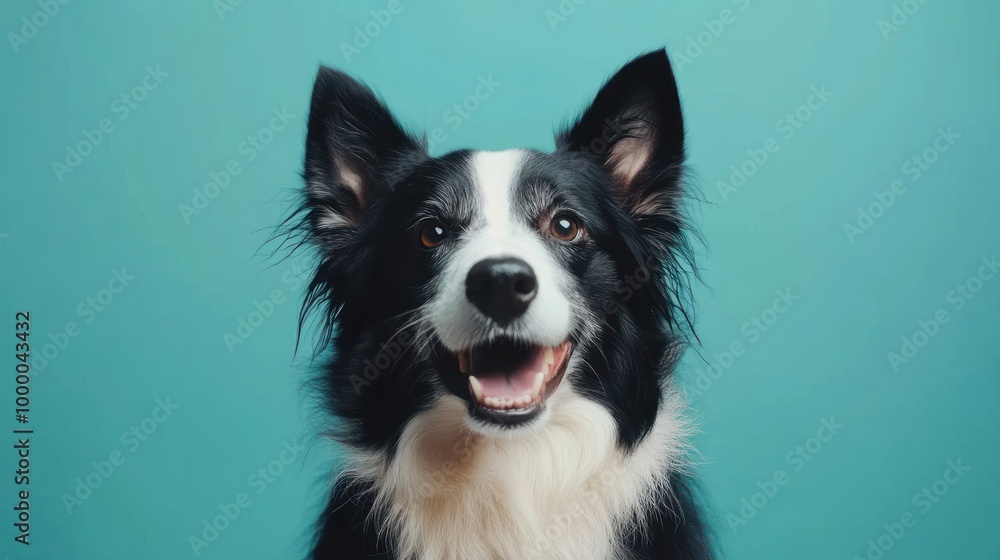 A smiling black and white dog against a turquoise background. A smiling black and white dog against a turquoise background.