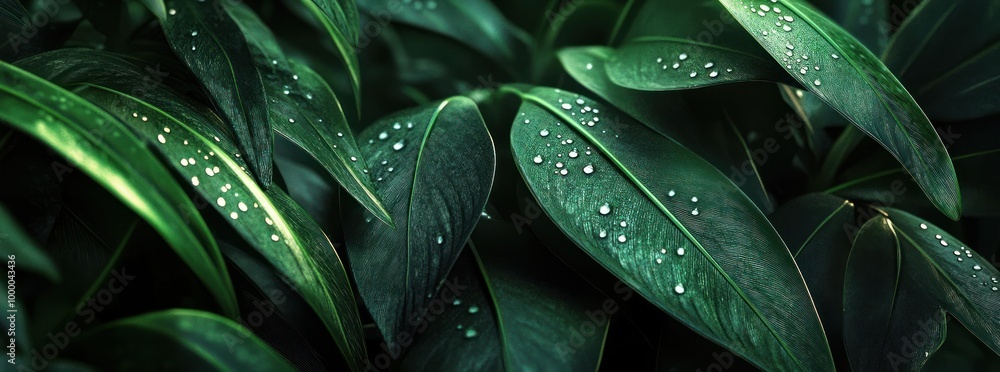 Close-up of lush green leaves adorned with water droplets, showcasing nature's beauty. Close-up of lush green leaves adorned with water droplets, showcasing nature's beauty.