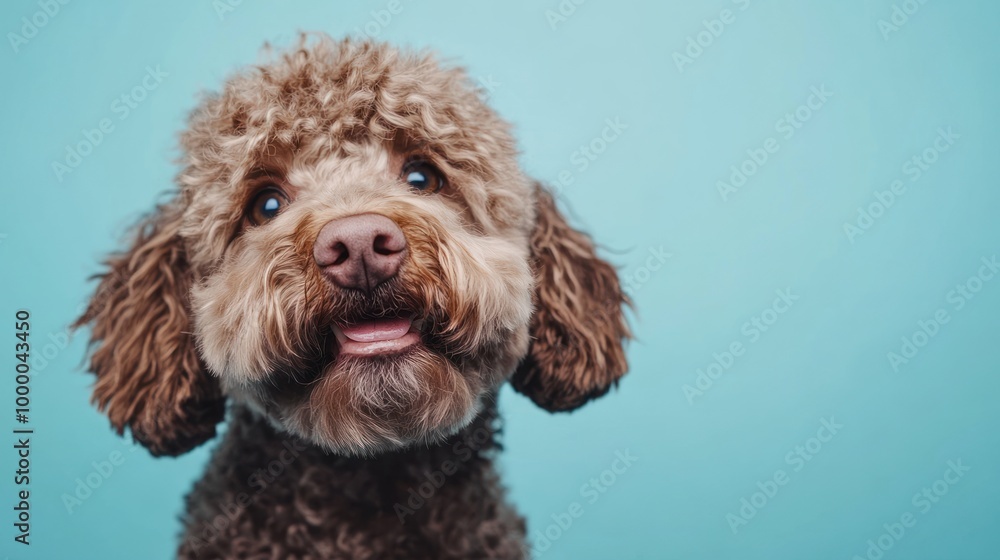 A fluffy brown dog with a playful expression against a blue background. A fluffy brown dog with a playful expression against a blue background.