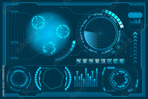 A digital illustration of a futuristic blue control panel with various graphs, dials, and numeric displays on a dark background.