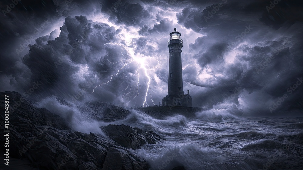 A thunderstorm over a historic lighthouse, with lightning bolts striking the towering structure and illuminating the rocky shoreline below. The dark storm clouds and intense flashes of light create a A thunderstorm over a historic lighthouse, with lightning bolts striking the towering structure and illuminating the rocky shoreline below. The dark storm clouds and intense flashes of light create a
