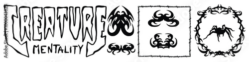 Collection Of Grunge Y2k Tattoo Metal Streetwear Graphic Elements. Gothic Neo Tribal Cyber Sigilism Shapes Vector Design