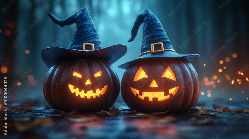 Fototapeta premium Glowing Jack-o'-Lanterns with Witch Hats in a Spooky Halloween Forest