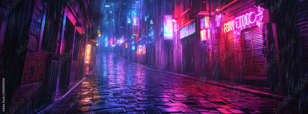 Obraz premium A vibrant, neon-lit alleyway in the rain, evoking a cyberpunk atmosphere.
