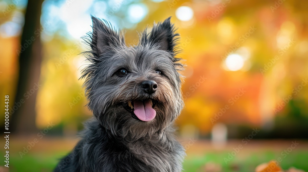 A cheerful dog with a playful expression, set against a vibrant autumn background.