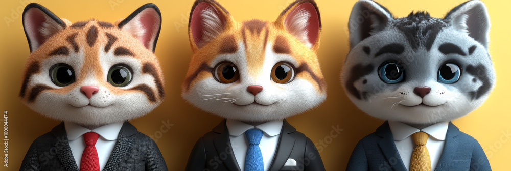 Fototapeta premium Three cartoon cats in suits and ties.