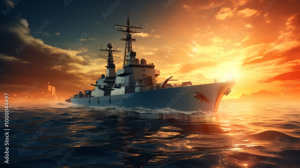 The big military ship carrier on sea at sunset. Neural network ai generated art The big military ship carrier on sea at sunset. Neural network ai generated art