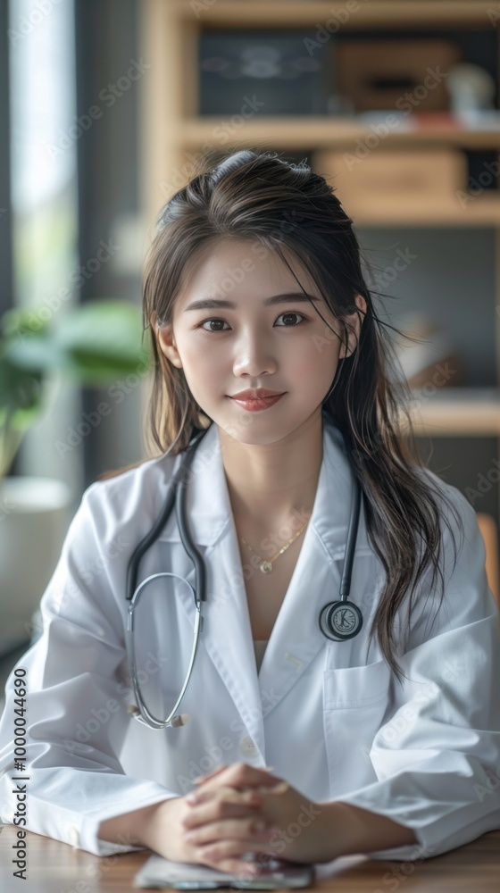 Young doctor in a white coat at a desk during daytime