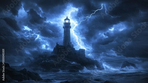 A lightning storm over a historic lighthouse, with bolts of lightning striking the structure and illuminating the rocky coastline. The dark storm clouds and bright flashes of light create a dramatic