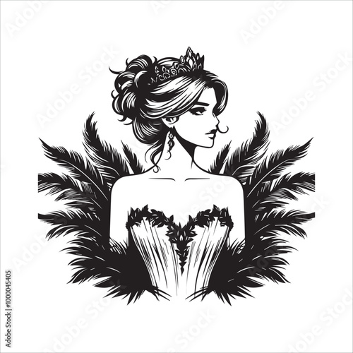 Beautiful woman is wearing princess dress with feathers vector illustration silhouette