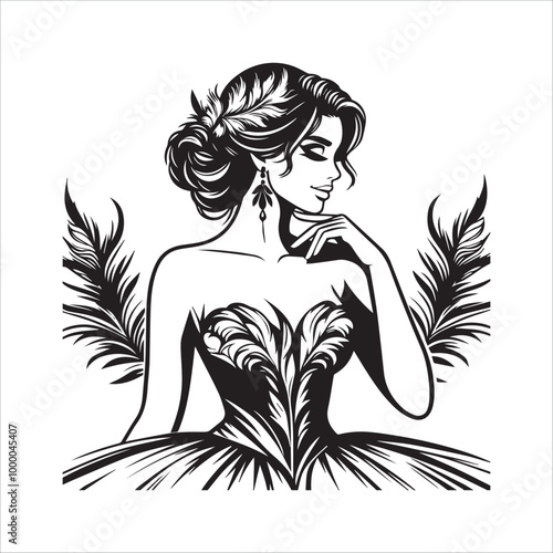 Beautiful woman is wearing princess dress with feathers vector illustration silhouette