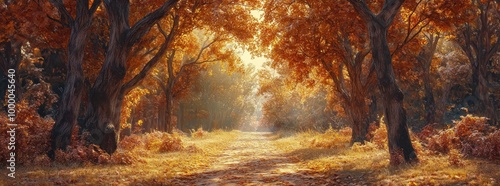 A serene autumn pathway lined with golden trees, evoking tranquility and nature's beauty.