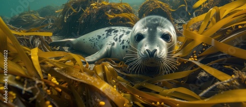 Harber Seal Phoca Vitulina Juvenile Swimming Amongst Seaweed photo