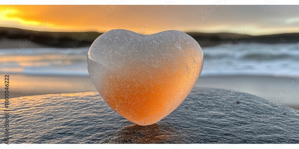 Fototapeta premium A translucent heart-shaped glass object sits on a rock against a backdrop of a blurred ocean and sunset.