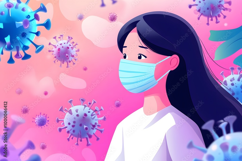 A flat vector illustration of an Asian woman wearing a mask, The background is surrounded by cold and flu, with viruses moving around A flat vector illustration of an Asian woman wearing a mask, The background is surrounded by cold and flu, with viruses moving around