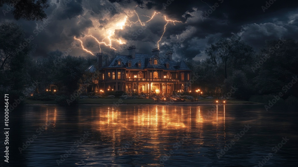 A lightning storm over a picturesque lake house, with bolts of lightning striking the charming building and creating dramatic reflections in the water. The dark storm clouds and bright flashes of A lightning storm over a picturesque lake house, with bolts of lightning striking the charming building and creating dramatic reflections in the water. The dark storm clouds and bright flashes of