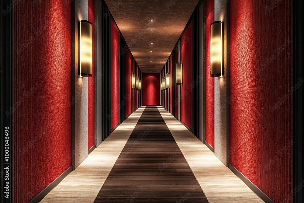 red and white modern hotel hallway design with futuristic black and gold palette, luxury wall lamp and elegant wooden texture floor red and white modern hotel hallway design with futuristic black and gold palette, luxury wall lamp and elegant wooden texture floor