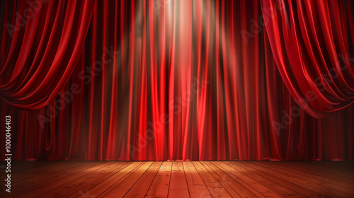 A red curtain with a spotlight shining on it. The curtain is open to reveal a stage. Scene is dramatic and theatrical