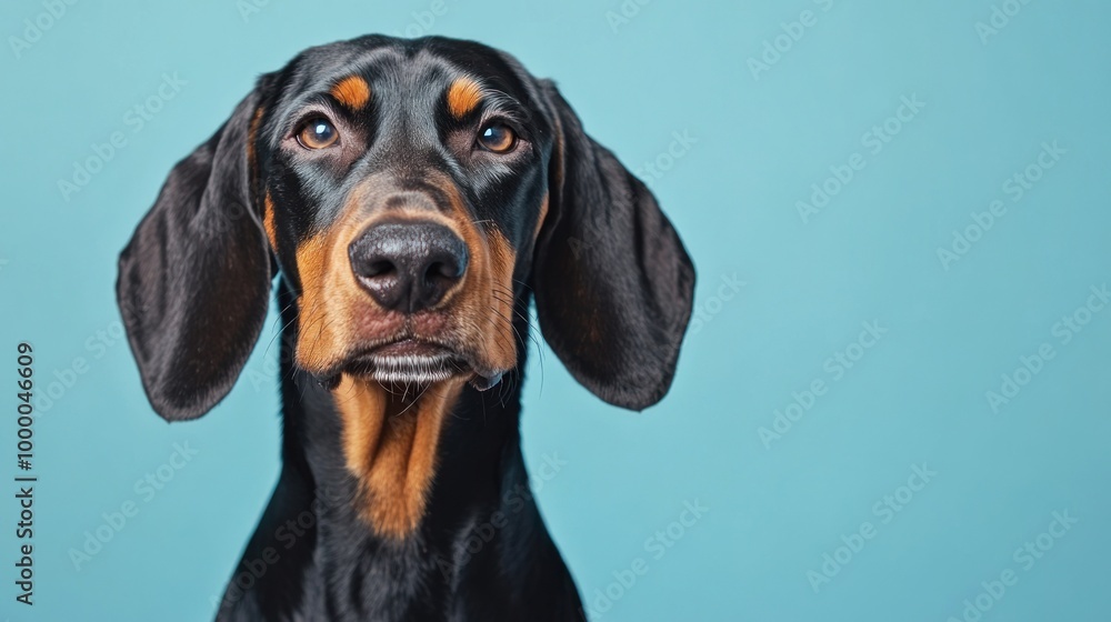 A close-up of a Doberman dog against a blue background, showcasing its features. A close-up of a Doberman dog against a blue background, showcasing its features.
