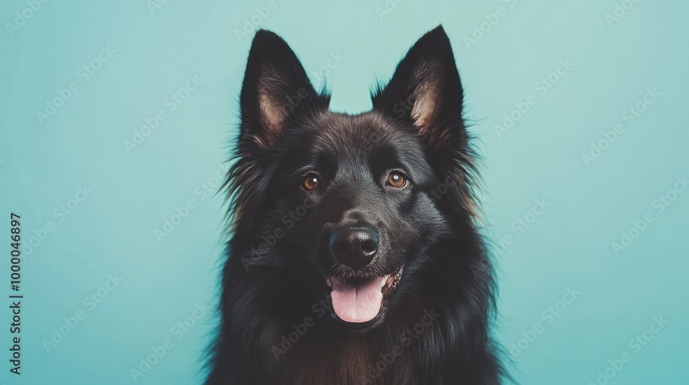 A close-up portrait of a happy black dog against a light blue background. A close-up portrait of a happy black dog against a light blue background.