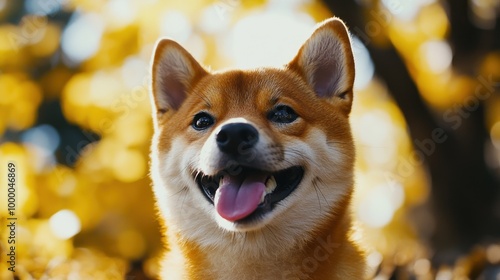 A cheerful dog with a bright expression against a blurred autumn background.