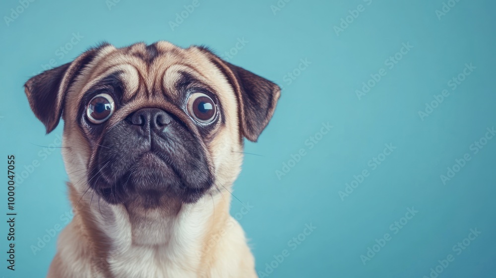 A close-up of a pug dog with big eyes against a blue background. A close-up of a pug dog with big eyes against a blue background.