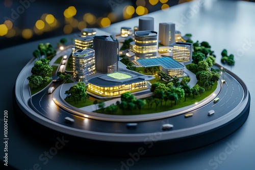 3D-rendered model of a sustainable city, where users can explore buildings powered by renewable energy, green spaces, and efficient transportation systems in a digital environment photo