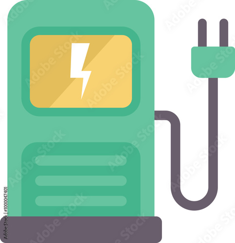 Green electric vehicle charging station with power symbol, promoting sustainable transportation and clean energy solutions