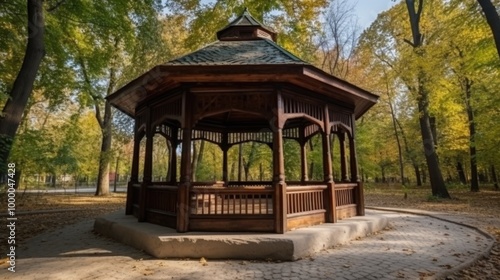 Wooden gazebo in a summer park. Holidays outside the home. AI generative.