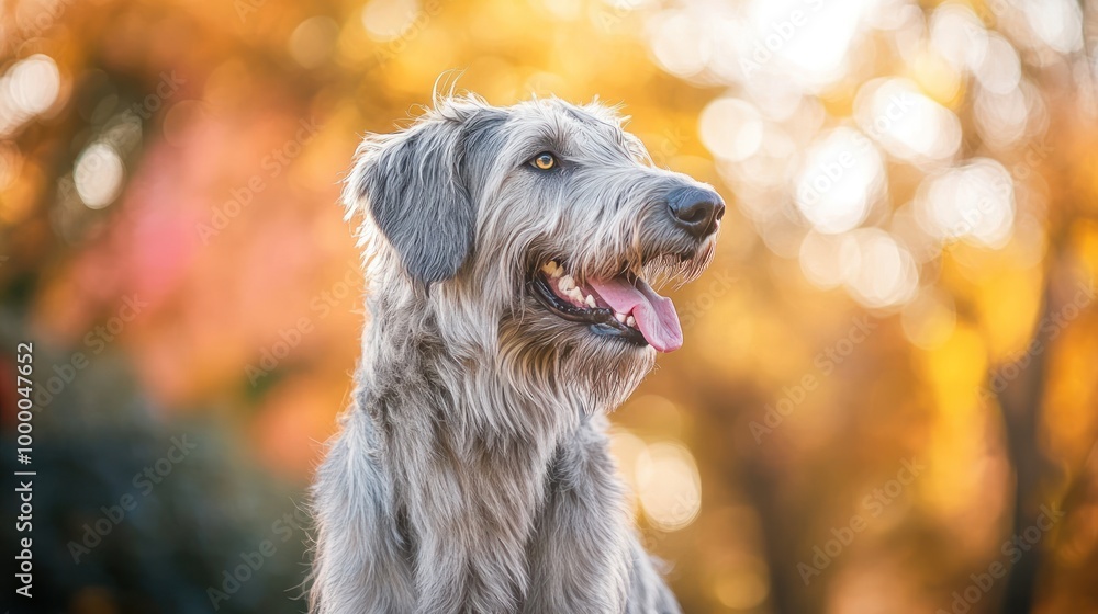 A dog with a joyful expression, surrounded by autumn foliage.