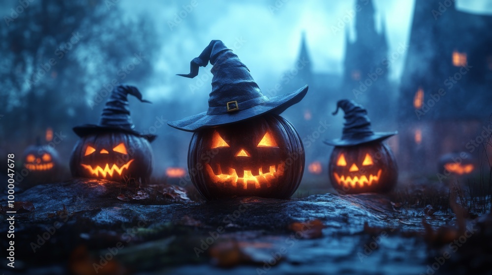 Fototapeta premium Glowing Jack-o'-Lanterns with Witch Hats in a Spooky Halloween Forest