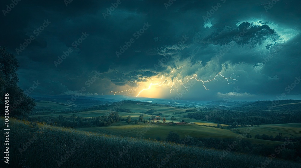 Obraz premium A thunderstorm over a tranquil countryside, with lightning bolts illuminating the fields and rolling hills. The dark storm clouds and bright flashes of light create a dramatic contrast with the
