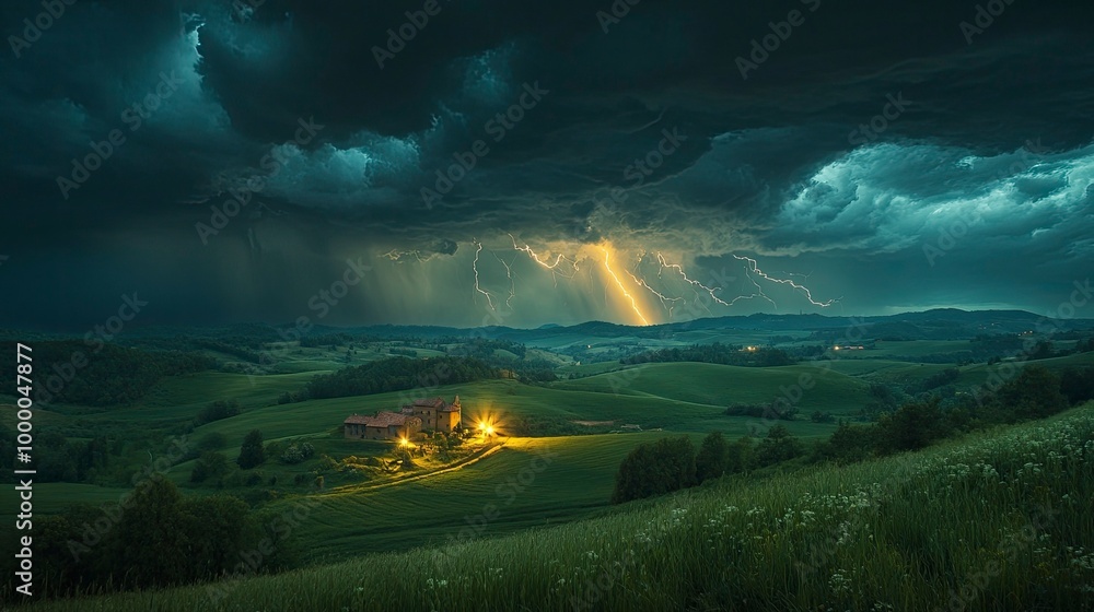 A thunderstorm over a tranquil countryside, with lightning bolts illuminating the fields and rolling hills. The dark storm clouds and bright flashes of light create a dramatic contrast with the
