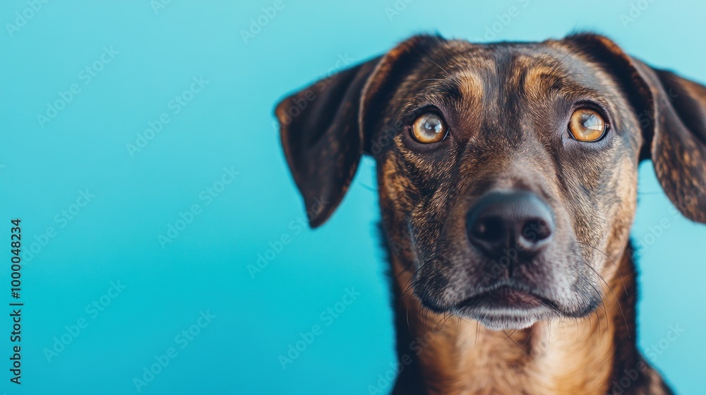 A close-up of a dog with expressive eyes against a blue background. A close-up of a dog with expressive eyes against a blue background.