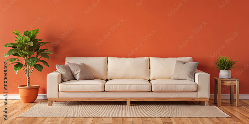 Elegant Modern Living Room with White Sofa Orange background, room wall Elegant Modern Living Room with White Sofa Orange background, room wall