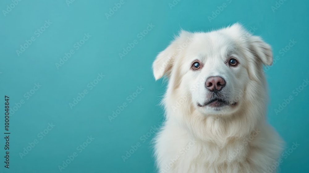 A close-up portrait of a fluffy white dog against a turquoise background. A close-up portrait of a fluffy white dog against a turquoise background.