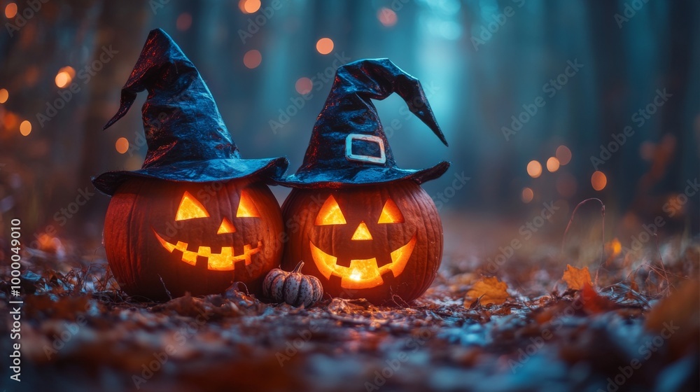 Naklejka premium Glowing Jack-o'-Lanterns with Witch Hats in a Spooky Halloween Forest