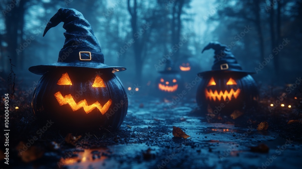 Fototapeta premium Glowing Jack-o'-Lanterns with Witch Hats in a Spooky Halloween Forest