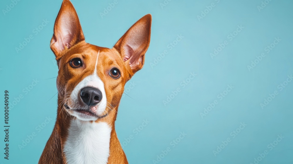 A close-up portrait of a Basenji dog against a light blue background. A close-up portrait of a Basenji dog against a light blue background.