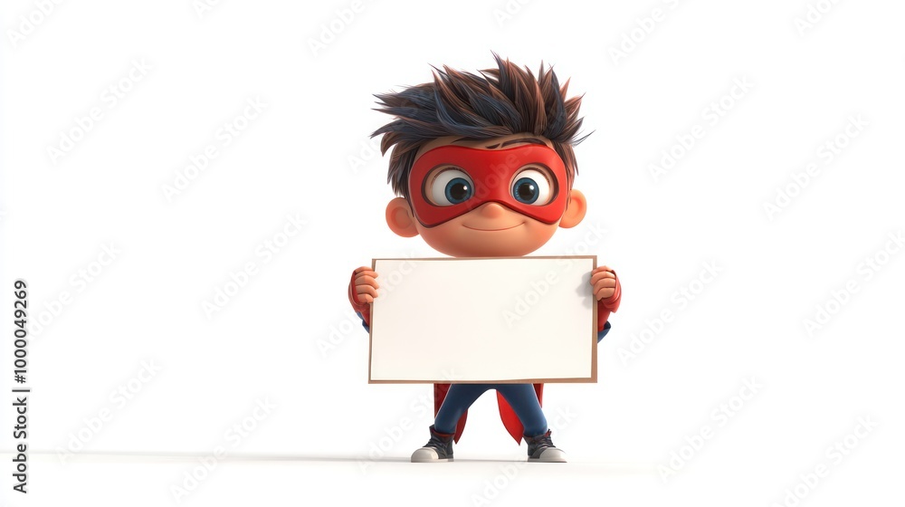 A young superhero character holding a blank sign, inviting creativity or messages. A young superhero character holding a blank sign, inviting creativity or messages.