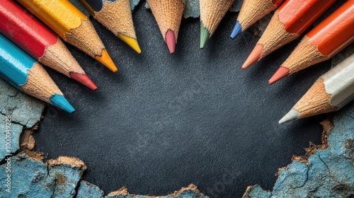 A circle of colorful pencils on a cracked and weathered surface with a dark gray background photo