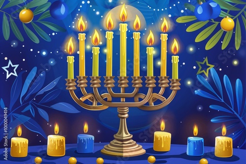 A blue and green background with a large candle holder with nine candles