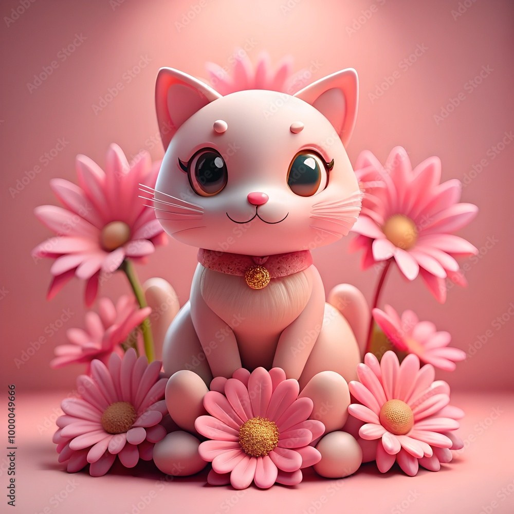 Cute cartoon kitten sitting among pink flowers Cute cartoon kitten sitting among pink flowers